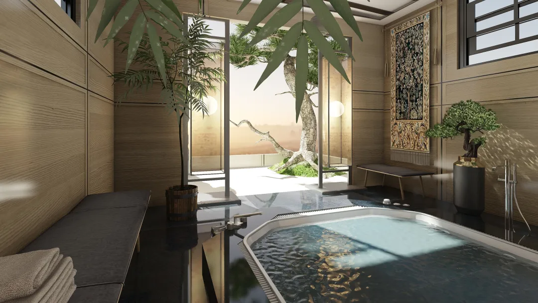 Asian asian bathhouse Beige 3d design renderings