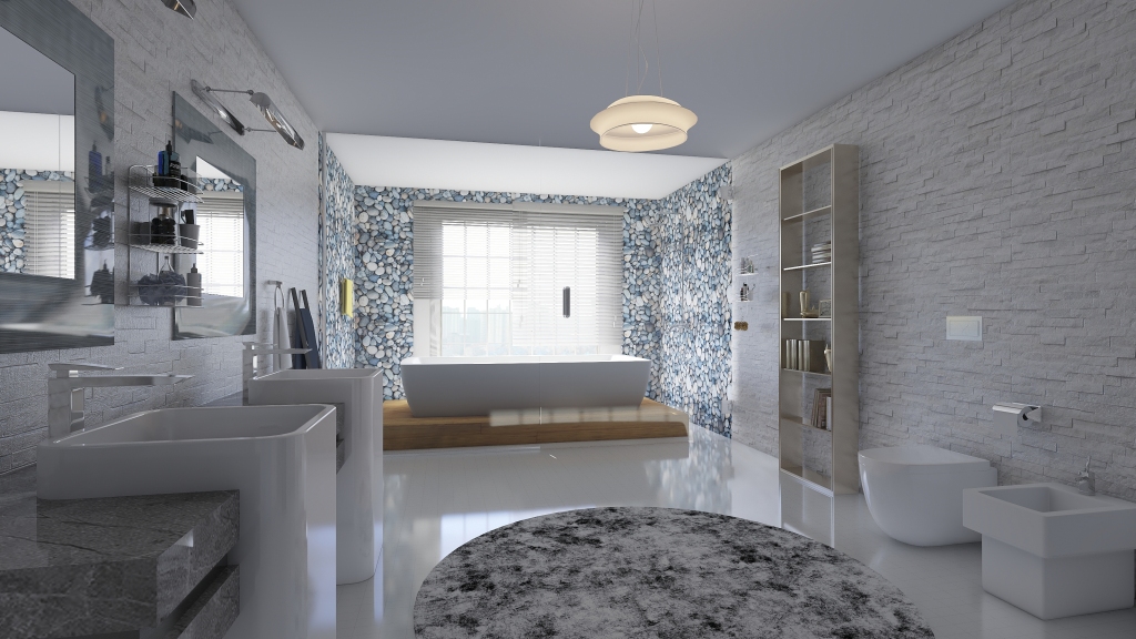 Contemporary Modern Blue Orange Beige EarthyTones Bathroom 3d design renderings