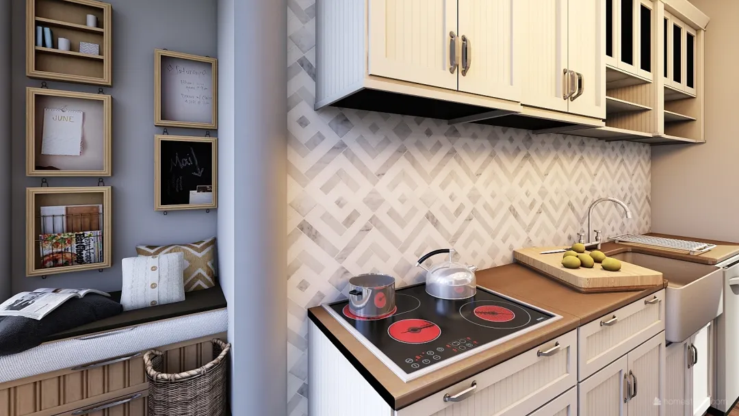 farmhouse kitchen & guest bathroom 3d design renderings