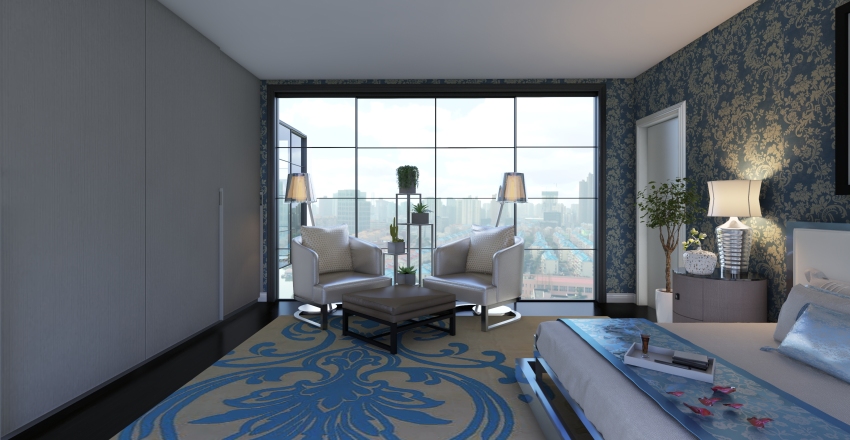 Contemporary Blue Grey WarmTones White Master Bedroom 3d design renderings