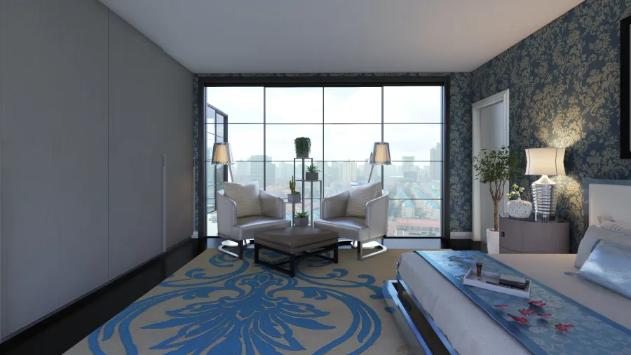 Contemporary Blue Grey WarmTones White Master Bedroom 3d design renderings