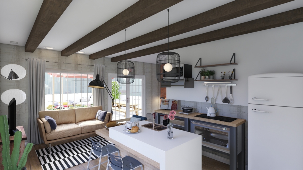 Scandinavian Industrial Modern Studio Apartment WoodTones Blue Beige White 3d design renderings