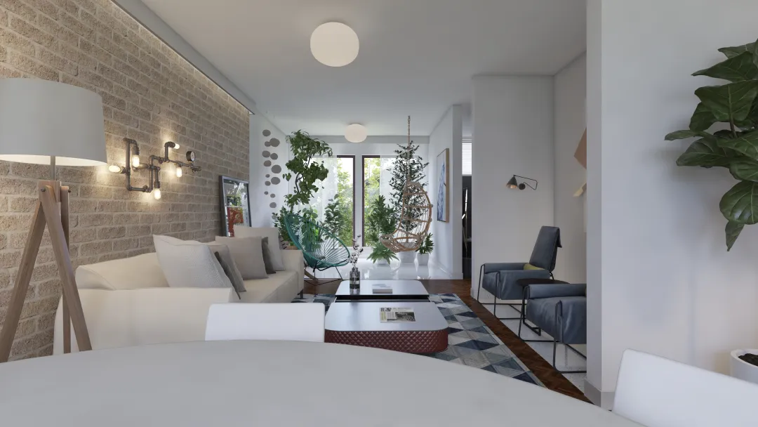 Dining, Living, TV Room + Terrace 3d design renderings
