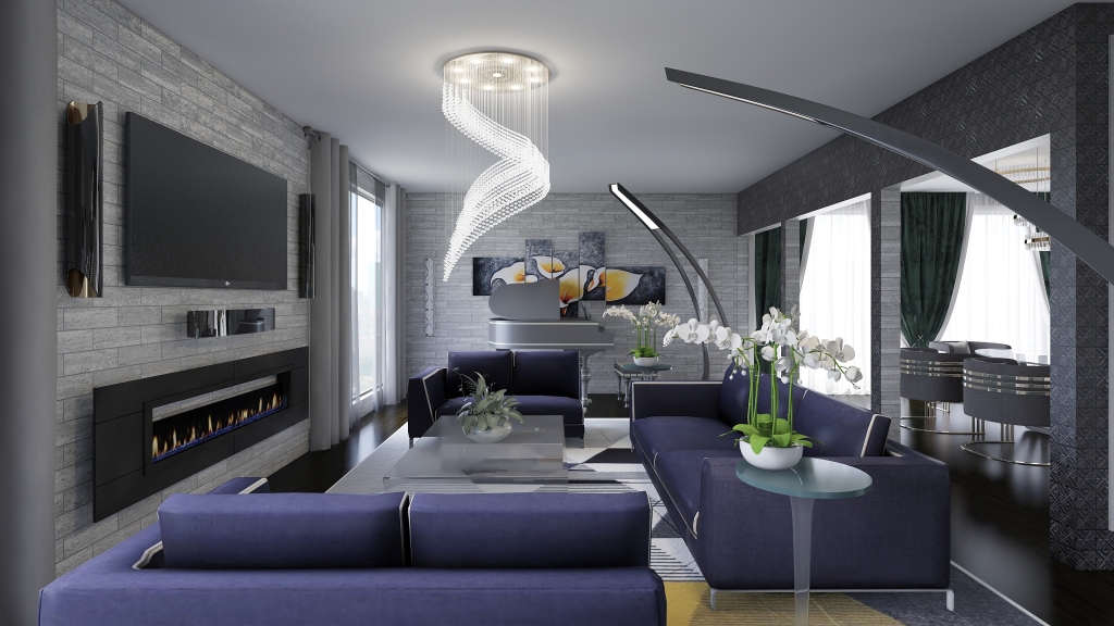 Modern ArtDeco Industrial Black Grey Living Room 3d design renderings