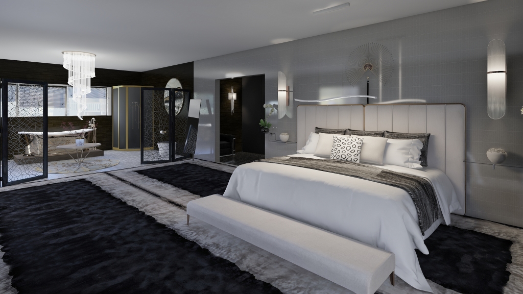 Modern ArtDeco Industrial Black Grey Master Bedroom 3d design renderings