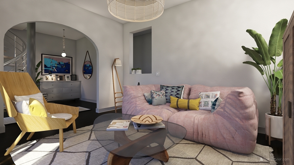 Rustic Contemporary Beige Grey Yellow Living Room1 3d design renderings