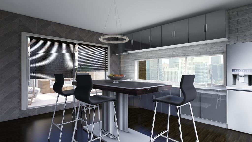 Modern ArtDeco Industrial Black Grey Kitchen 3d design renderings