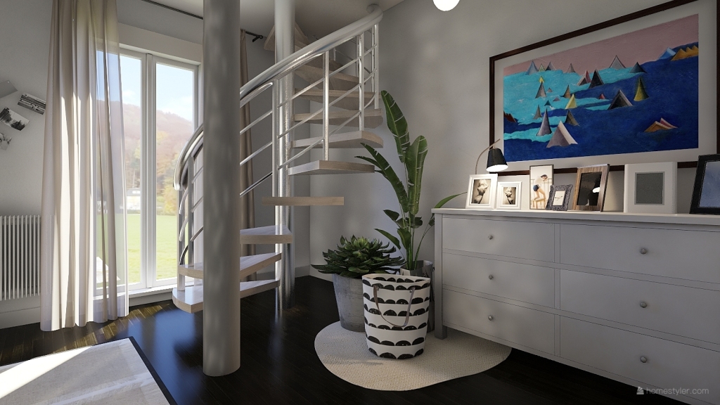 Rustic Contemporary Beige Grey Yellow Stairwell1 3d design renderings