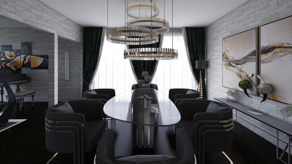 Modern ArtDeco Industrial Black Grey Dining Room 3d design renderings