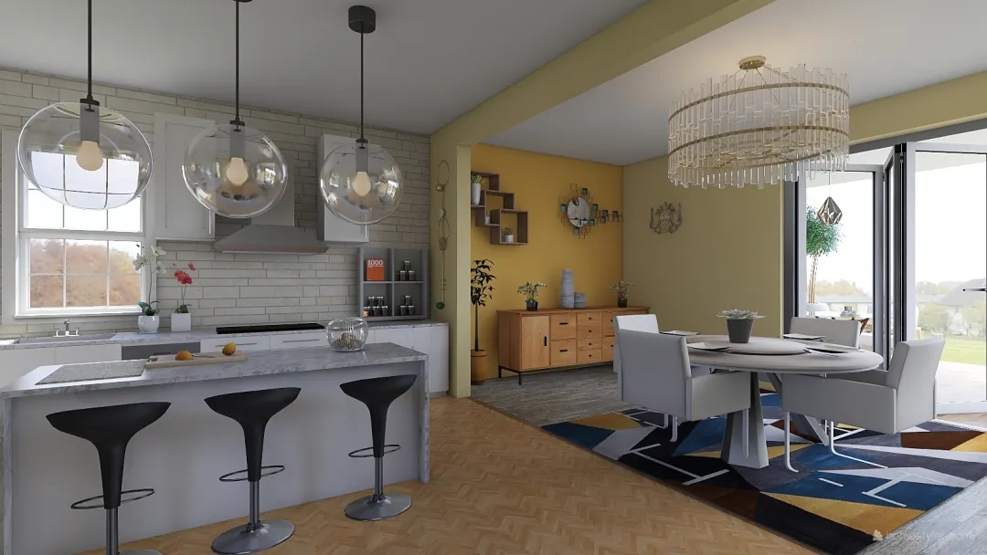 Kitchen , dining room and a small terrace 3d design renderings