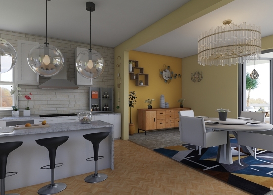 Kitchen , dining room and a small terrace Design Rendering