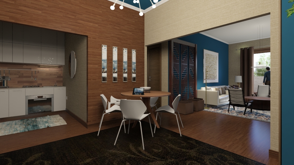 Modern StyleOther Yellow Blue WoodTones Dining Room 3d design renderings