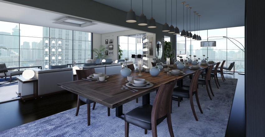 Contemporary Blue Grey WarmTones White Dining Room 3d design renderings