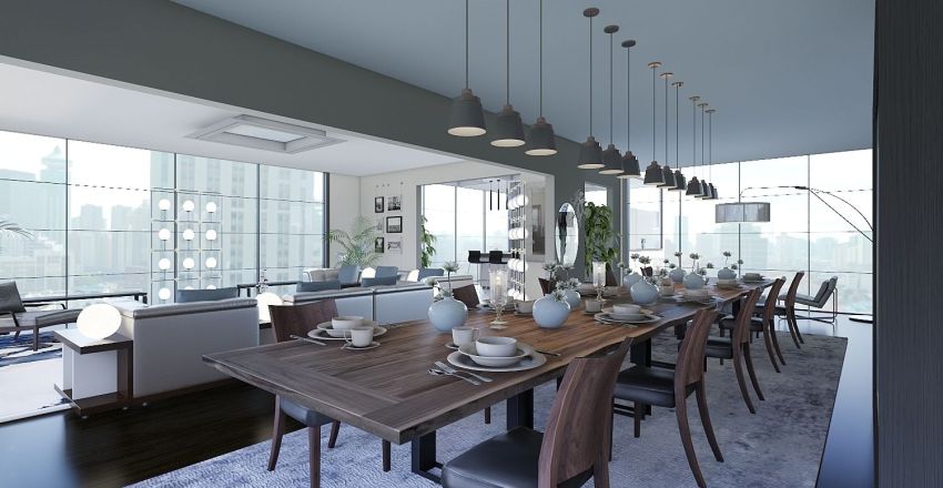 Contemporary Blue Grey WarmTones White Dining Room 3d design renderings