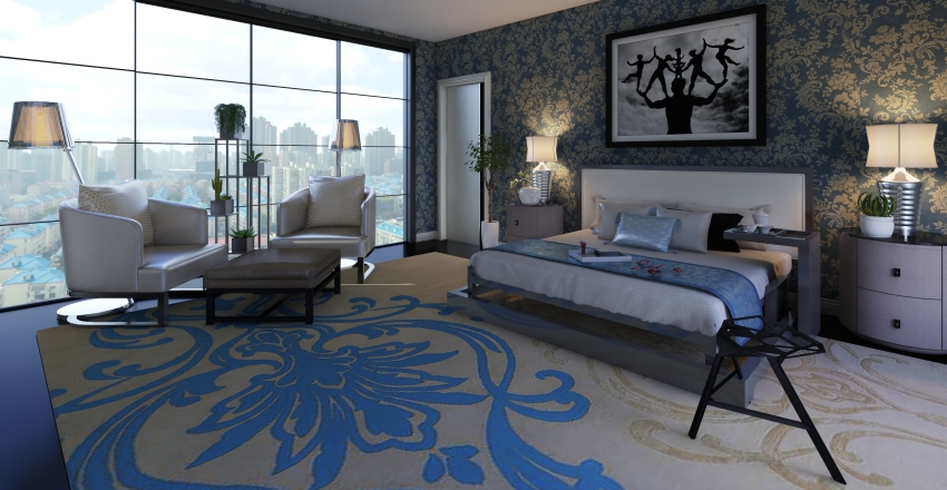 Contemporary Blue Grey WarmTones White Master Bedroom 3d design renderings