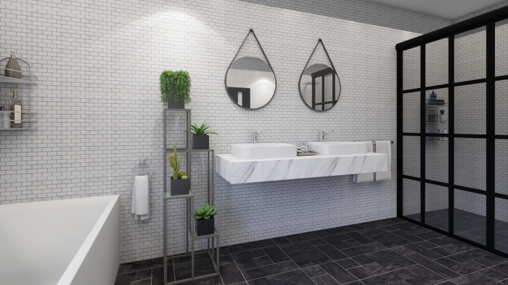 Scandinavian Bauhaus Modern Grey Black White Bathroom1 3d design renderings