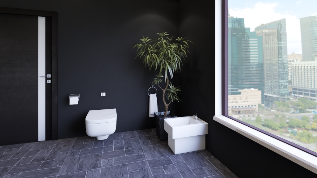 Scandinavian Bauhaus Modern Grey Black White Bathroom 3d design renderings