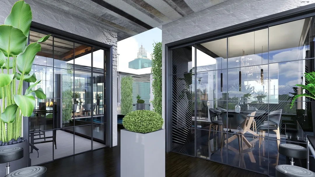 Modern Industrial Bella Vino - Wine Bar with private dining Black Grey 3d design renderings