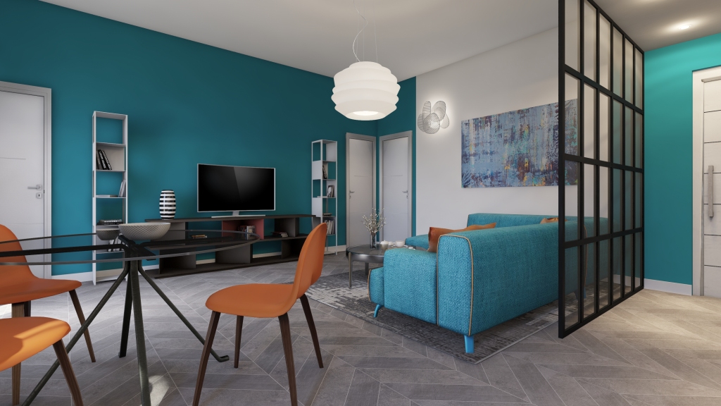 Modern Orange Blue White Living Room 3d design renderings