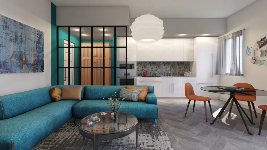 Modern Orange Blue White Living Room 3d design renderings