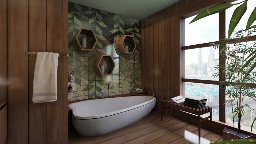 TropicalTheme WoodTones Green Bathroom 3d design renderings