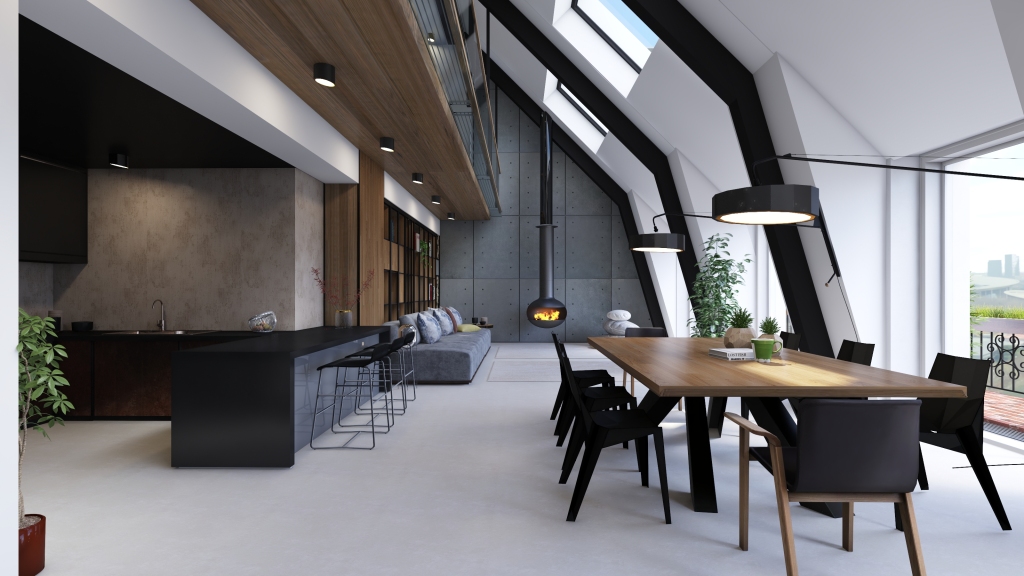 Modern Industrial  Loft moderno Black Grey White WoodTones 3d design renderings