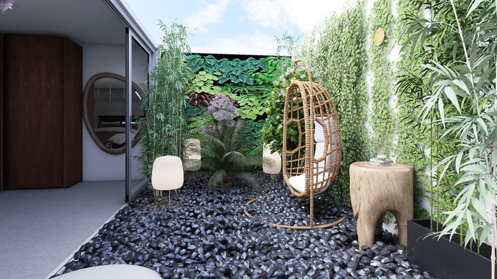 Asian Modern TropicalTheme Green White Beige Courtyard 3d design renderings