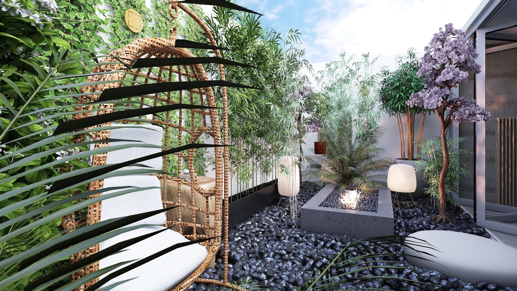 Asian Modern TropicalTheme Green White Beige Courtyard 3d design renderings