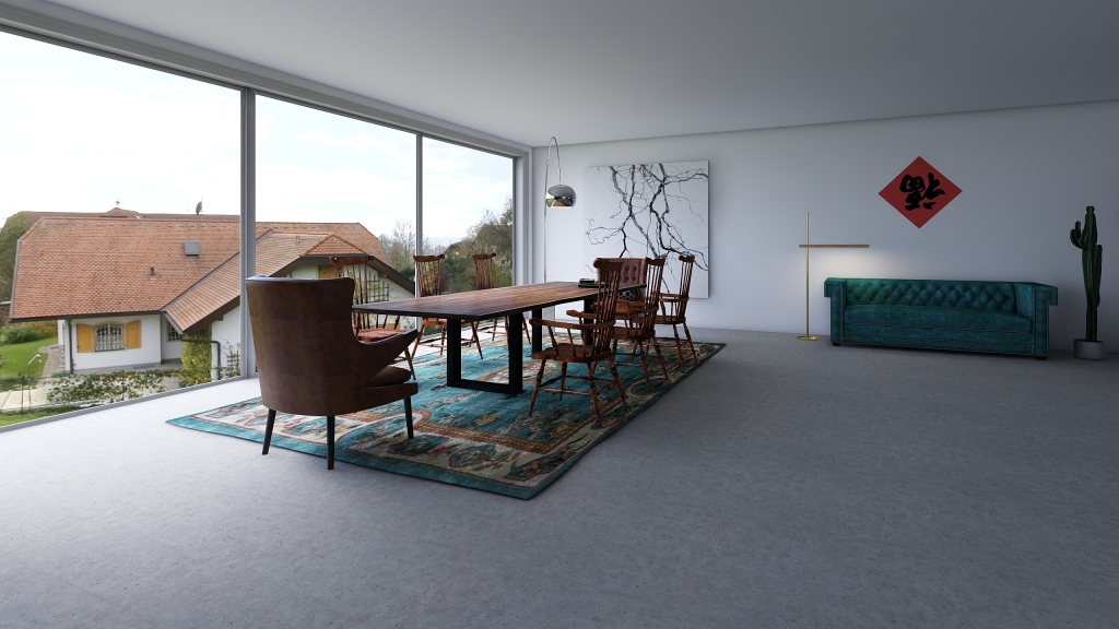 Asian Modern TropicalTheme Green White Beige Studio 3d design renderings