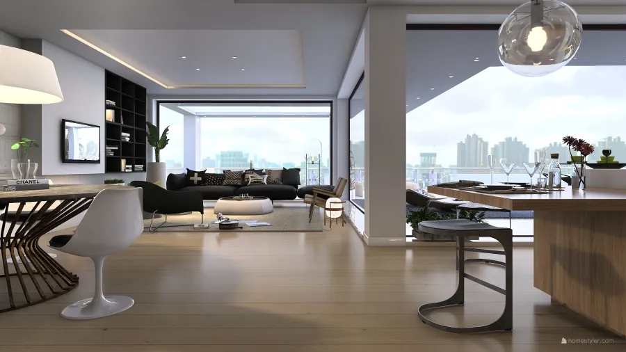Asian ArtDeco Modern Bauhaus Black White Living, dining and Kitchen 3d design renderings