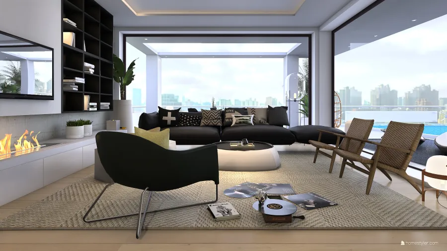 Asian ArtDeco Modern Bauhaus Black White Living, dining and Kitchen 3d design renderings