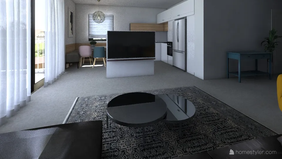 ספסל פינתי במטבח + טלוויזה במרכז 3d design renderings