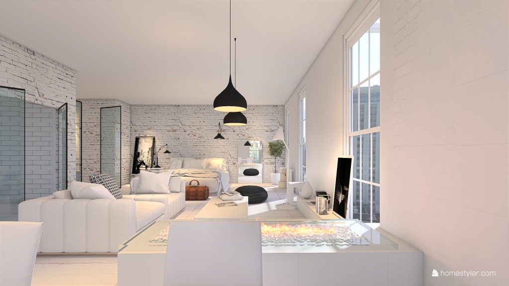 All white studio apt 3d design renderings
