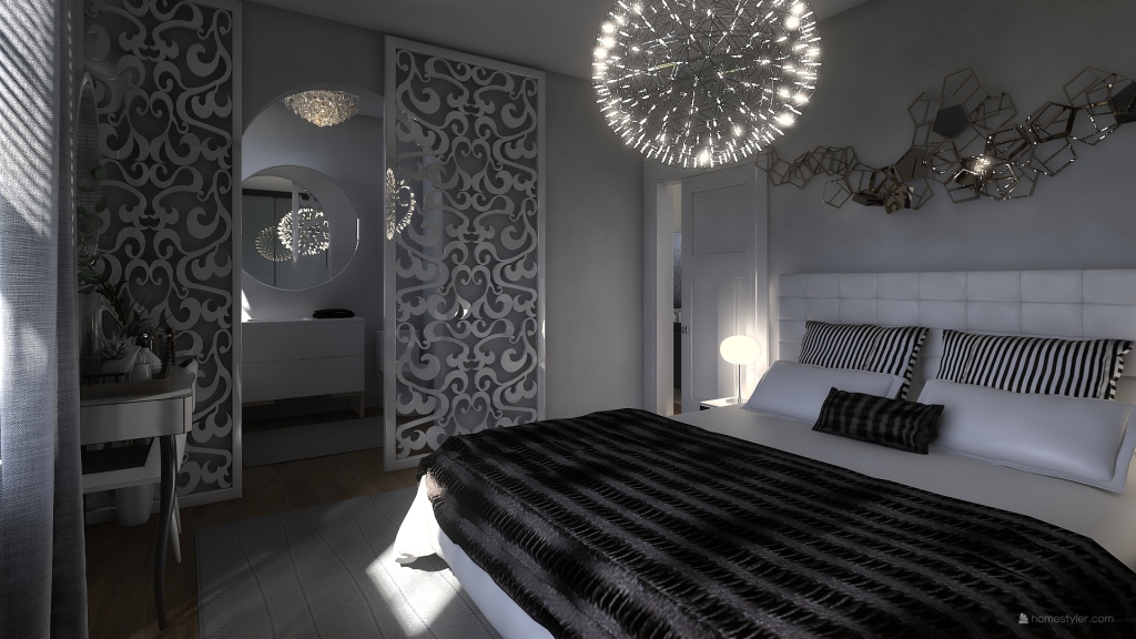 Contemporary Black White WoodTones Bedroom 3d design renderings