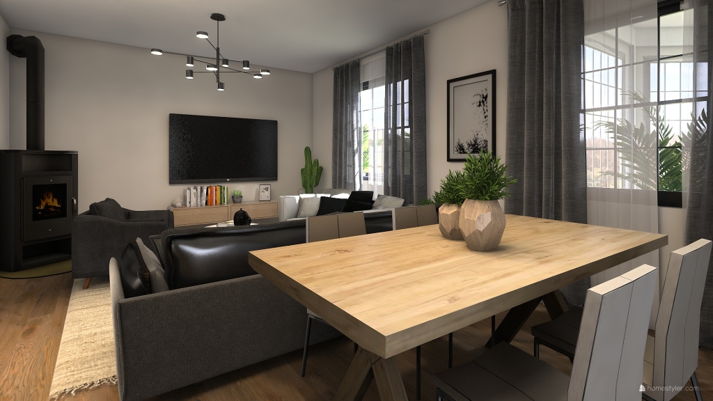 Contemporary Black White WoodTones Living and Dining Room 3d design renderings