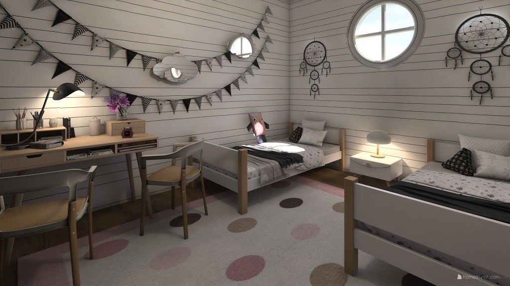 Contemporary Black White WoodTones Kids Room 3d design renderings