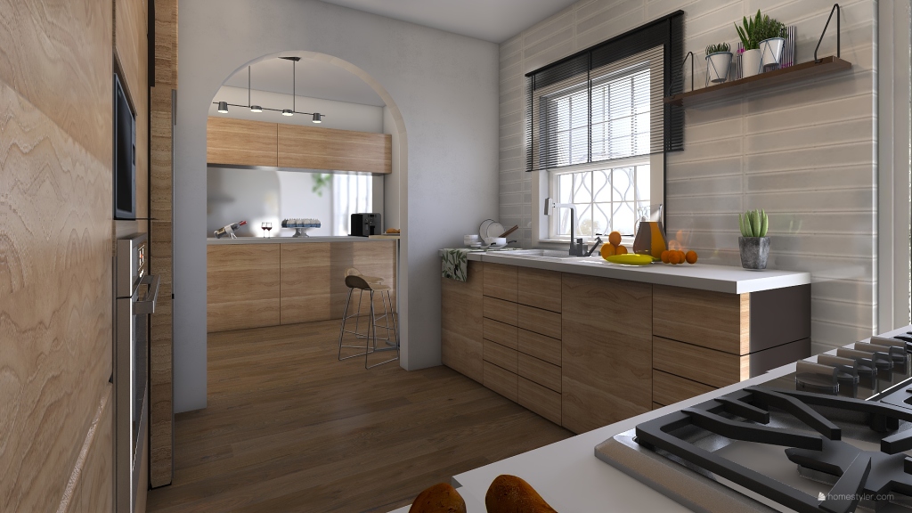 Contemporary Black White WoodTones Kitchen 3d design renderings
