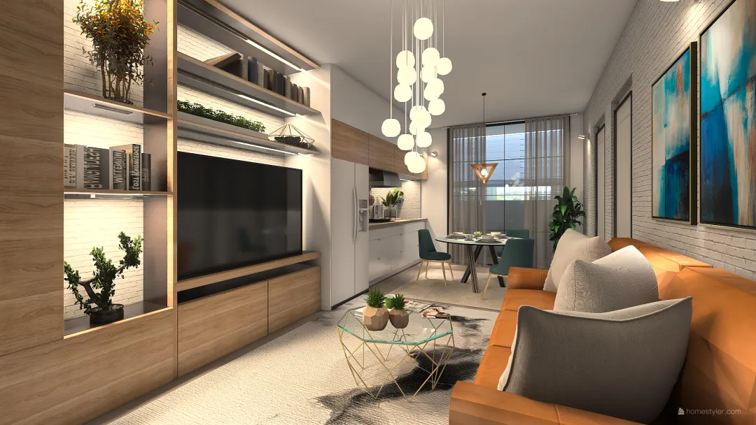 Contemporary Small Space Apartment Orange Beige 3d design renderings