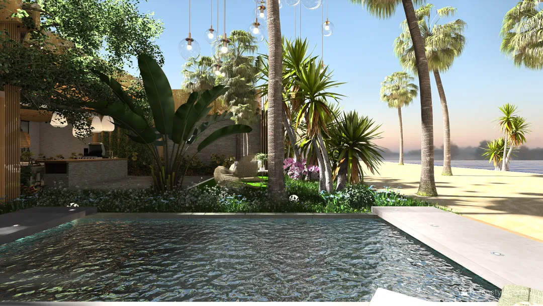 Bohemian WabiSabi TropicalTheme Villetta in stile etnico  WoodTones EarthyTones Black 3d design renderings