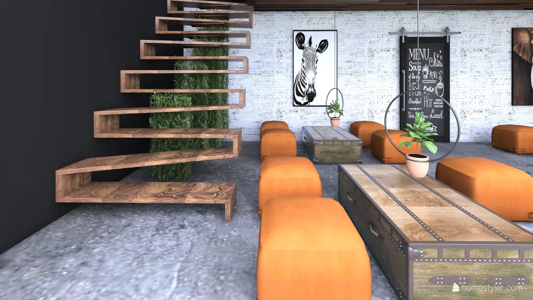 Industrial-jungle bar. 3d design renderings