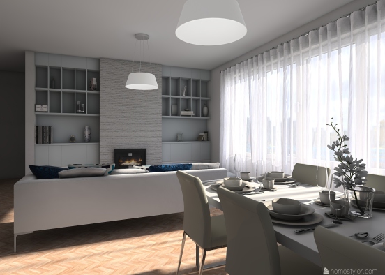 Biały salon z kuchnią i jadalnią Design Rendering