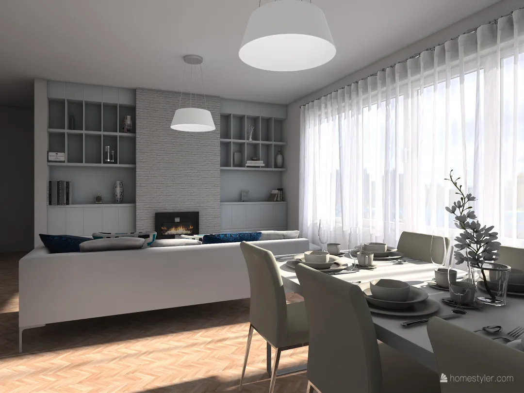 Biały salon z kuchnią i jadalnią 3d design renderings