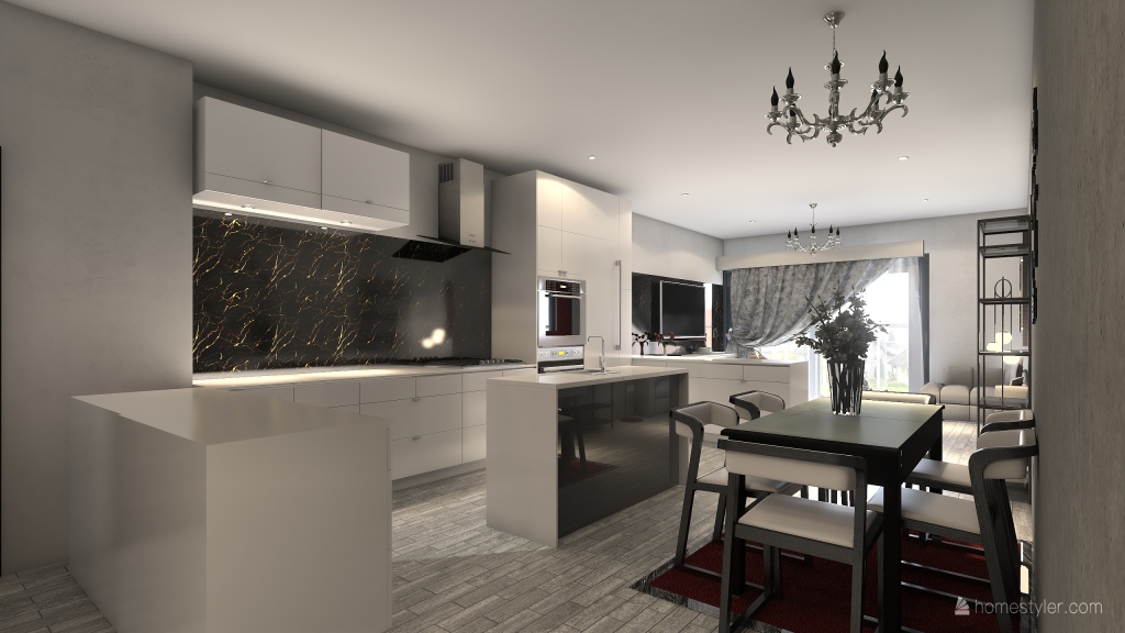 Kitchen , Dining and Living Room 3d design renderings