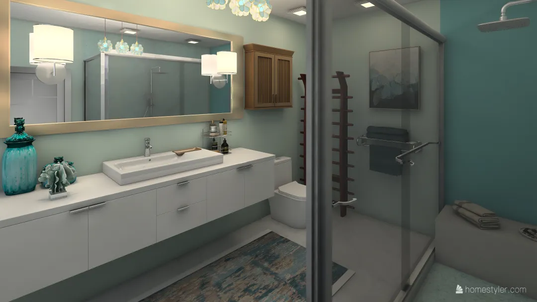 pequeño baño con un tono celeste . 3d design renderings