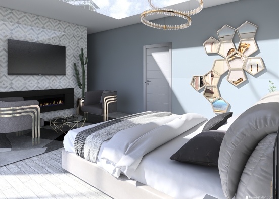 Bedrom with closeth behind the TV Wall Design Rendering