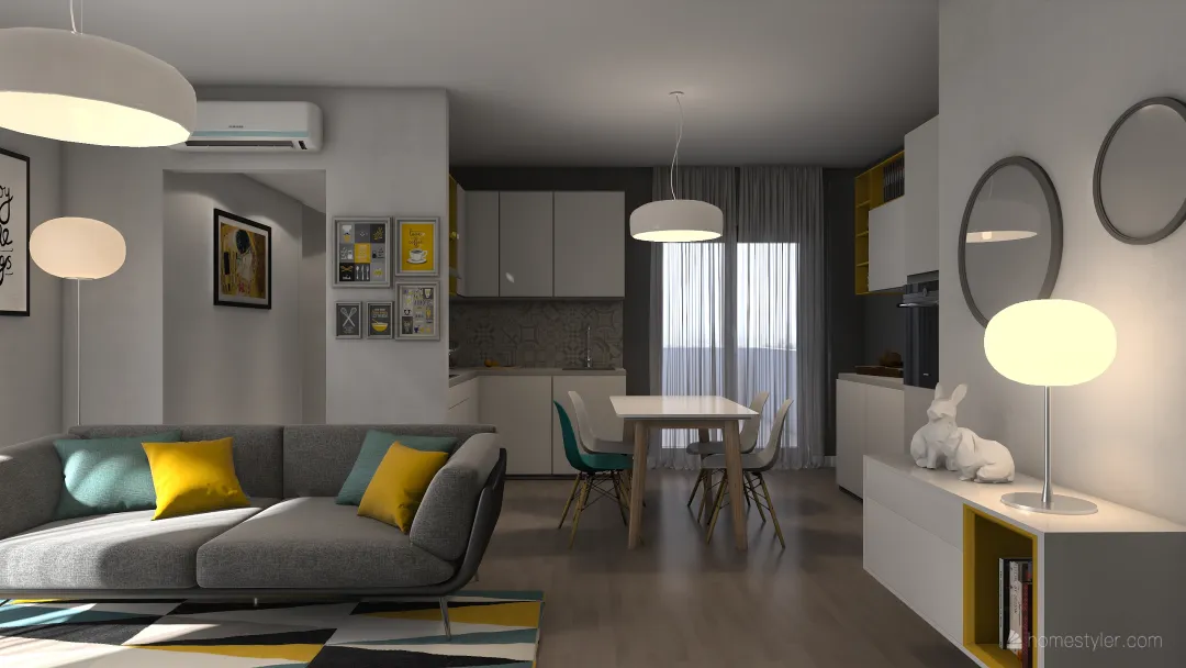 Contemporary Color touch Yellow Blue Grey White ColdTones 3d design renderings