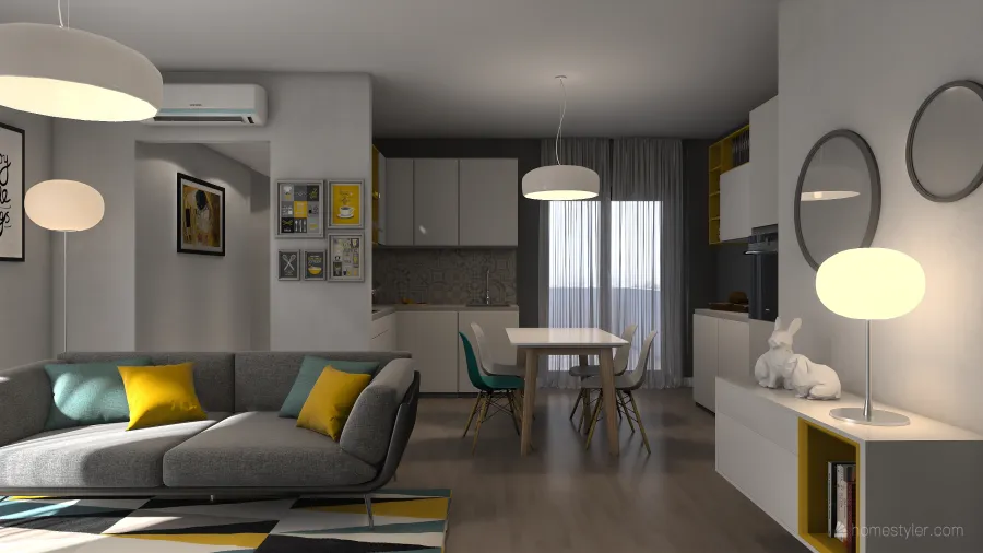 Contemporary Yellow Blue Grey White ColdTones Unnamed space 3d design renderings
