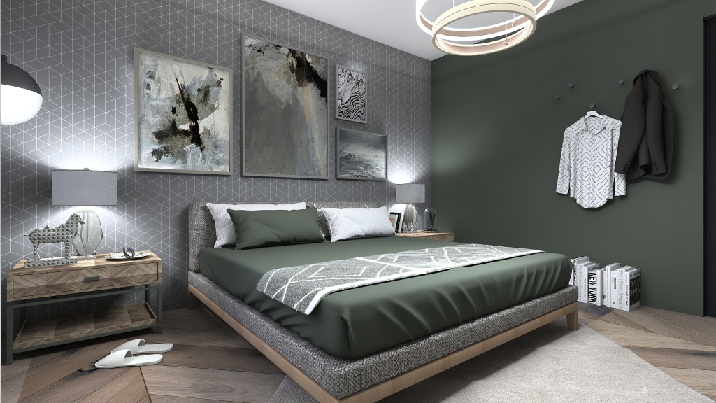 ArtDeco Modern Bohemian Green Grey White Black Bedroom 3d design renderings