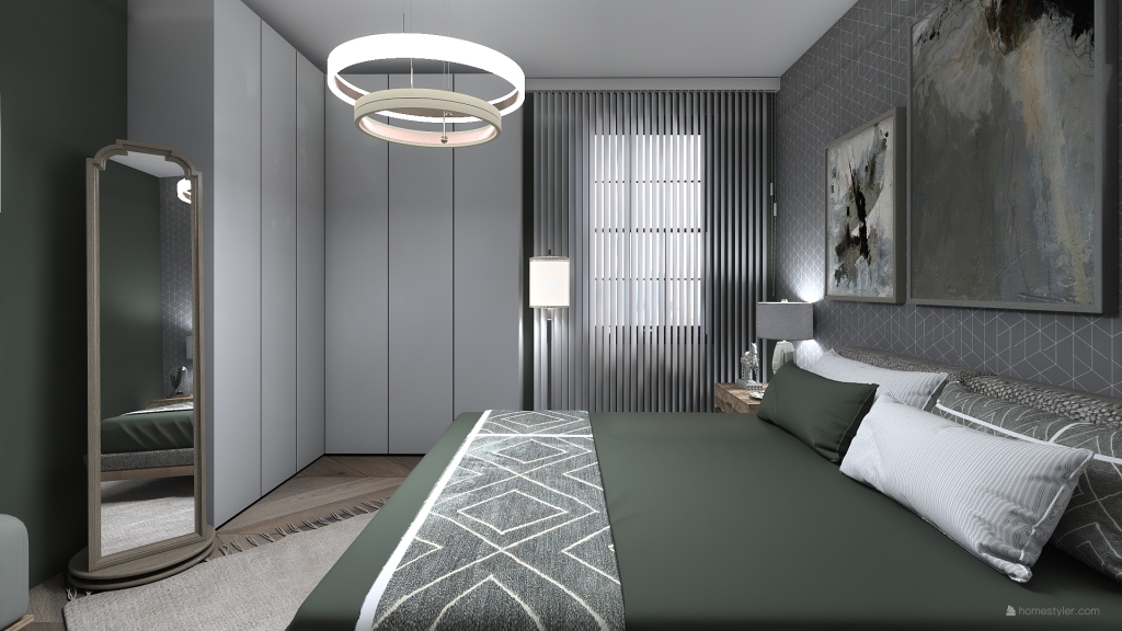 ArtDeco Modern Bohemian Green Grey White Black Bedroom 3d design renderings