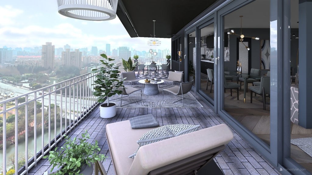 ArtDeco Modern Bohemian Green Grey White Black Balcony 3d design renderings